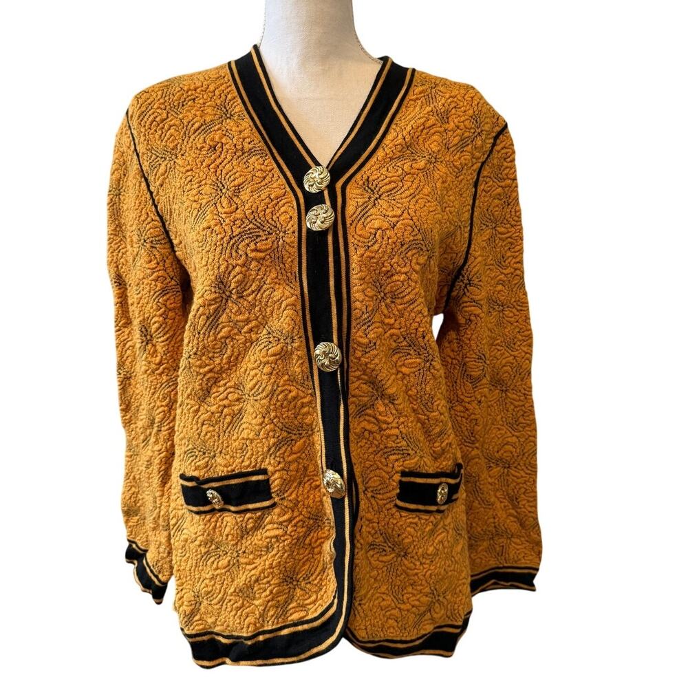 Vintage Textured Jacquard Statement Cardigan Sweater Goldenrod